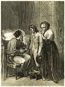 ?Robinson Crusoe? frontispice illustration som visar Crusoe ta avsked från sin far och mor. Från ?The Life and Strange Surprising Adventures of Robinson Crusoe, or York, Mariner? av Daniel Defoe